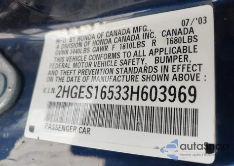 2003 Honda Civic Lx из США, поврежденный, VIN 2HGES16533H603969